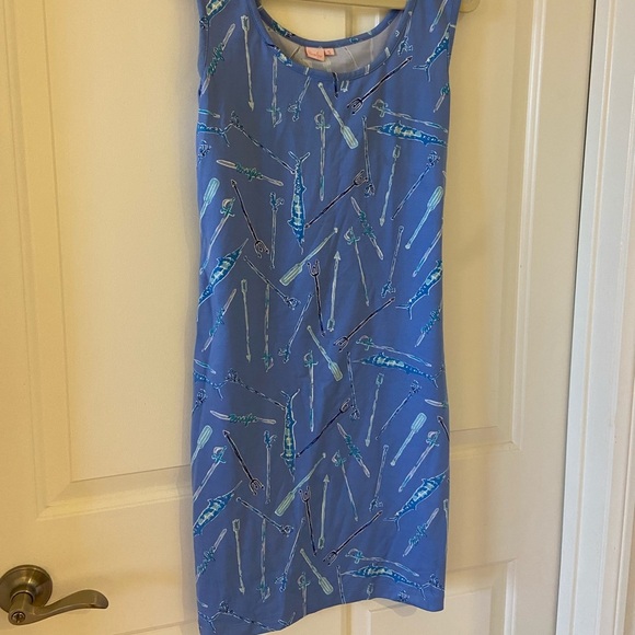 Persifor White and Blue Nautical Fish Print Bodycon Fitting Dress Size Small - Picture 2 of 6